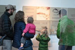 A family looking at a display