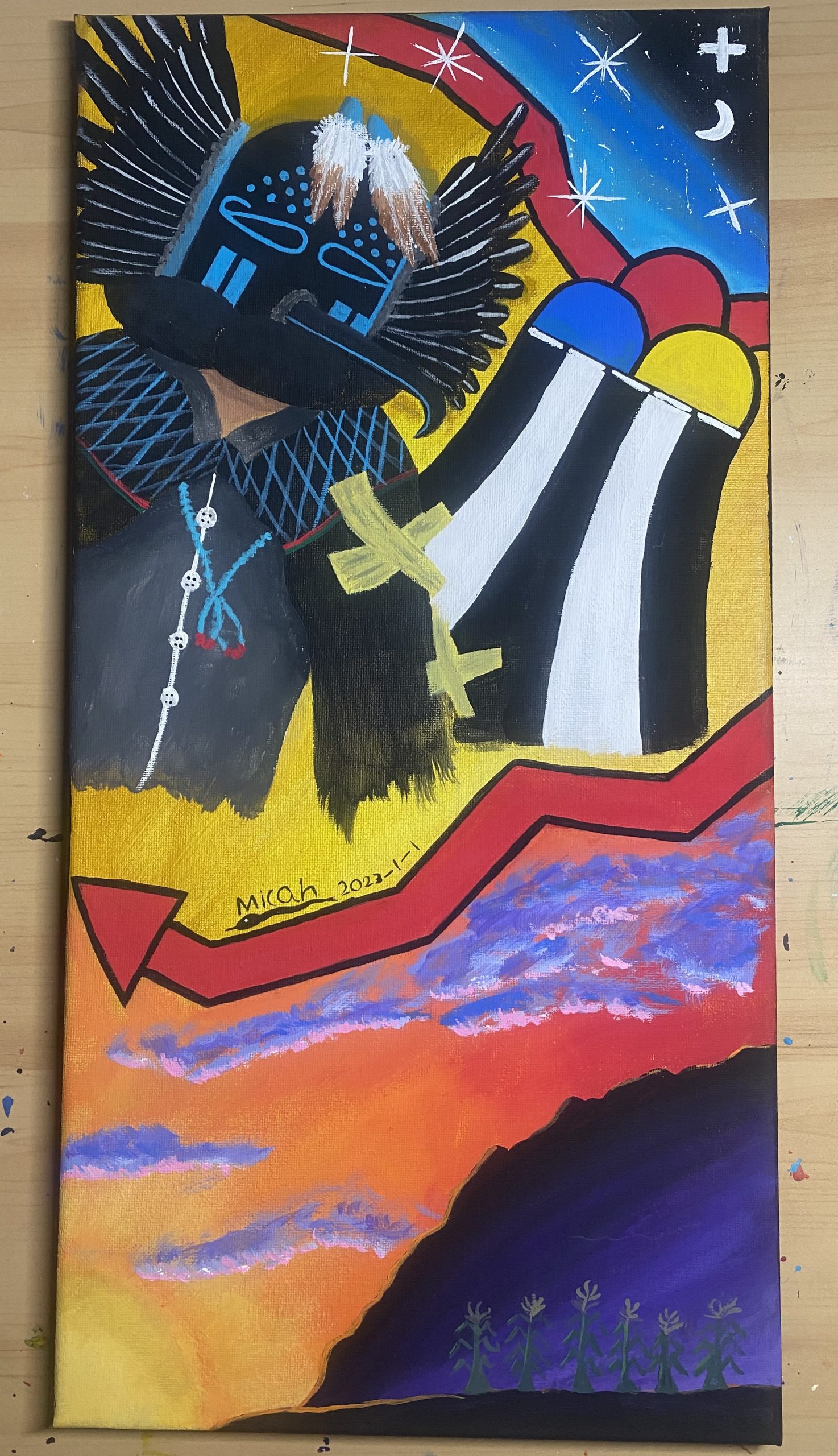 2nd Young Adult 2D Fine Arts (tie) – Angwusi (Crow Warrior Kachina), flying over the fields in the beautiful colorful sky, by Micah Virgil Butler, 14 