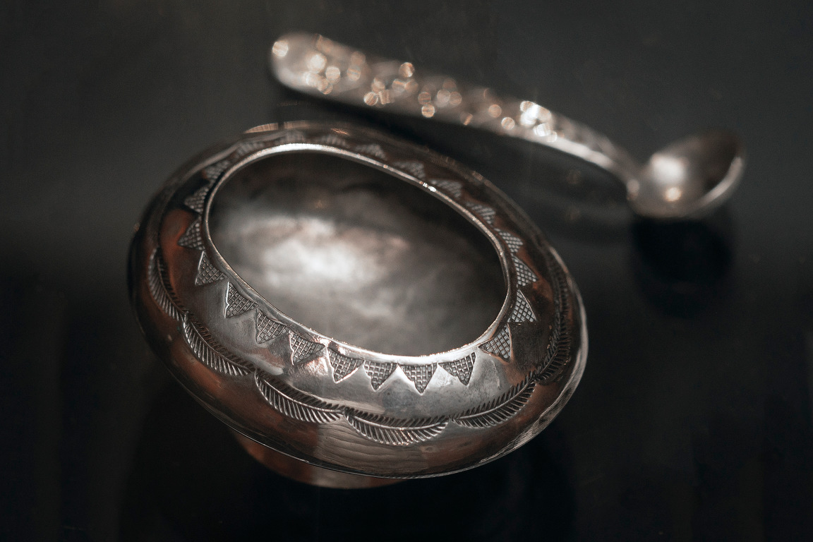 Salt cellar and spoon, Navajo or Zuni, stamped silver, early 20th century, Museum of Northern Arizona Collection